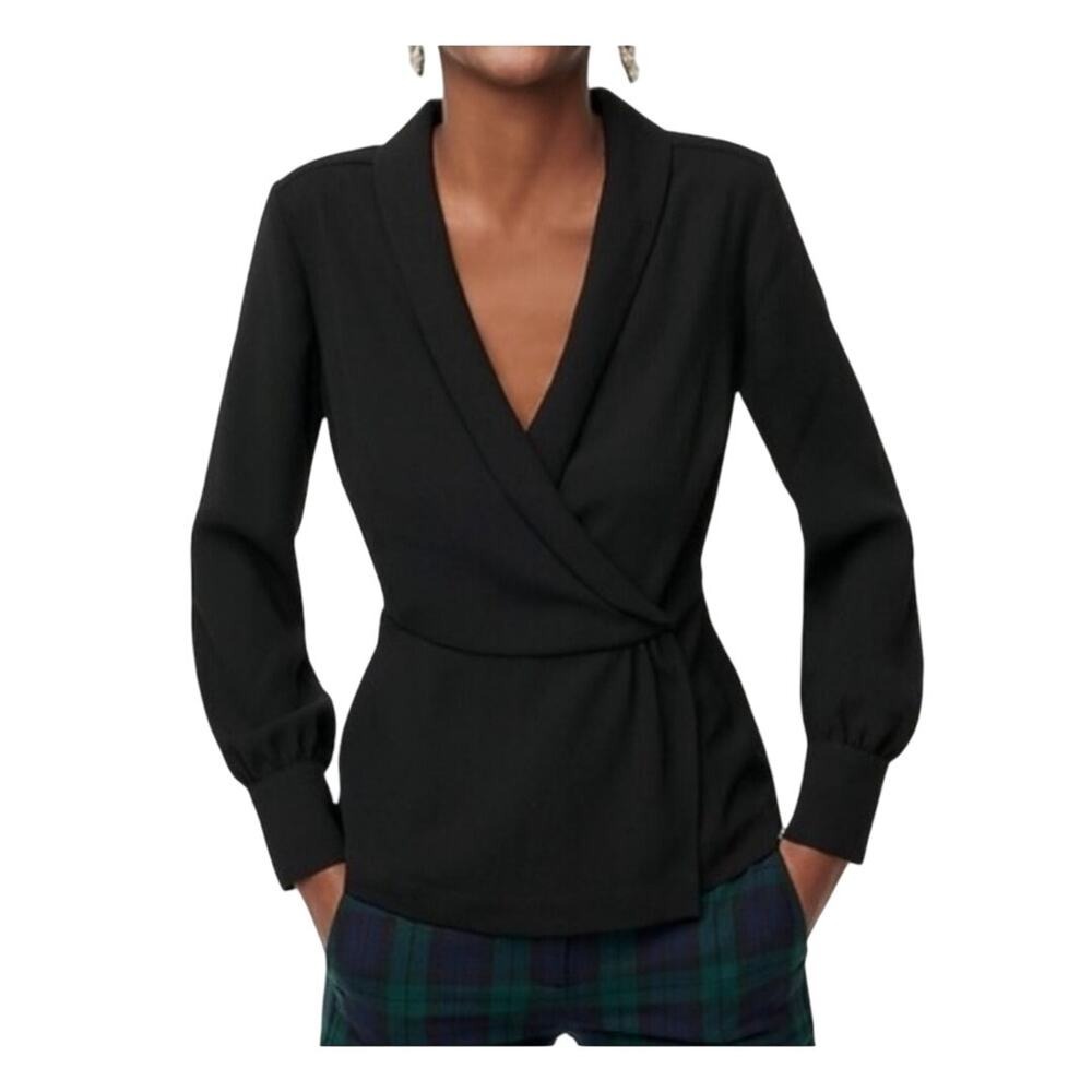 J Crew Drapey Faux Wrap Long Sleeve Top V Neck Cinched Waist Black Preppy XS 2